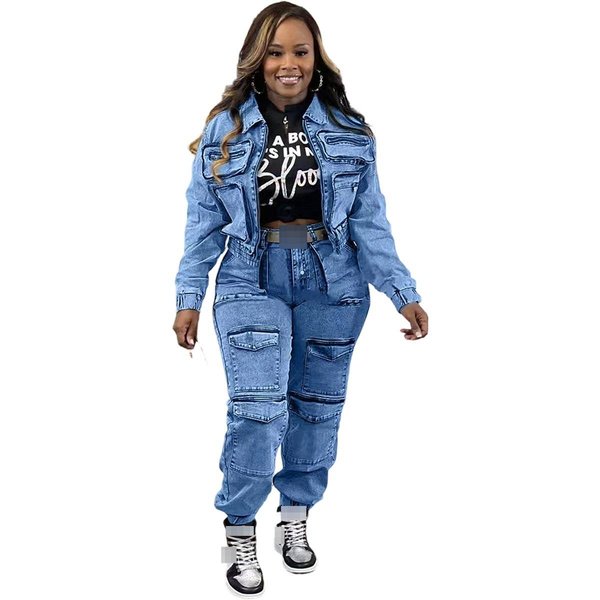Women's Stretch Denim Two-Piece Set – High-Waisted Utility Pants & Cropped Jacket (Polyester Blend, S-XXL) For Street Style & Office Wear-image