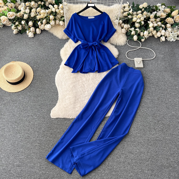 Women's Clothing Retro Fashion Round Neck Short Sleeved Tie Waist Top Two Piece Suit Women's Casual Loose High Waist Wide Leg Trousers-image