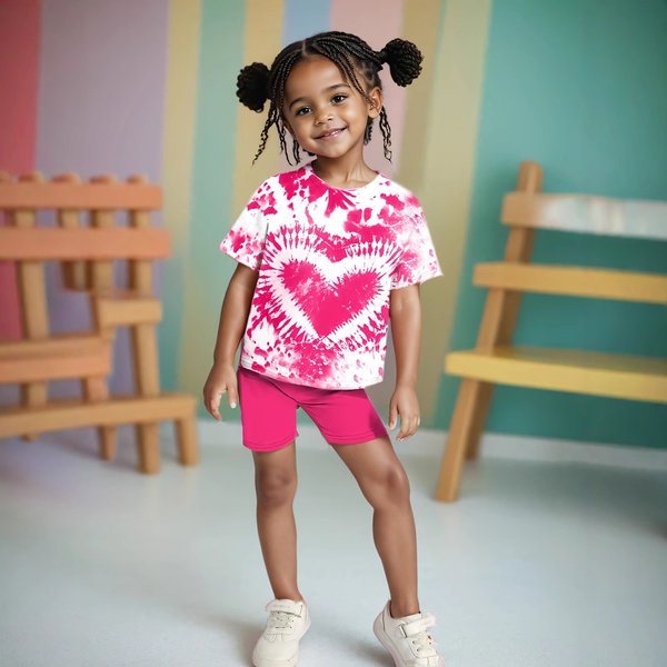 Mother & Kids Ins Girls Summer Sportswear Heart Shaped Tie Dye Drop Shoulder Print T Shirt Short Sleeved Leggings Casual Suit-image