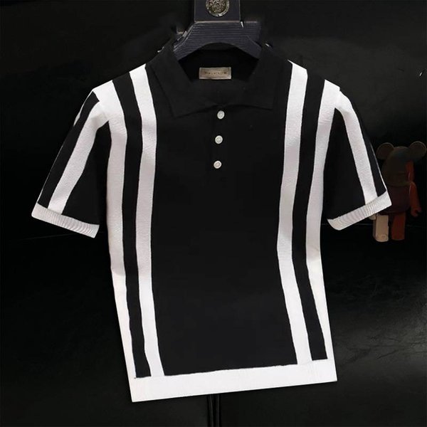 Men's Clothing Summer New High End Cool Silk Striped Short Sleeved Polo Shirt Men's Trendy Slim Casual Half Sleeved T Shirt-image
