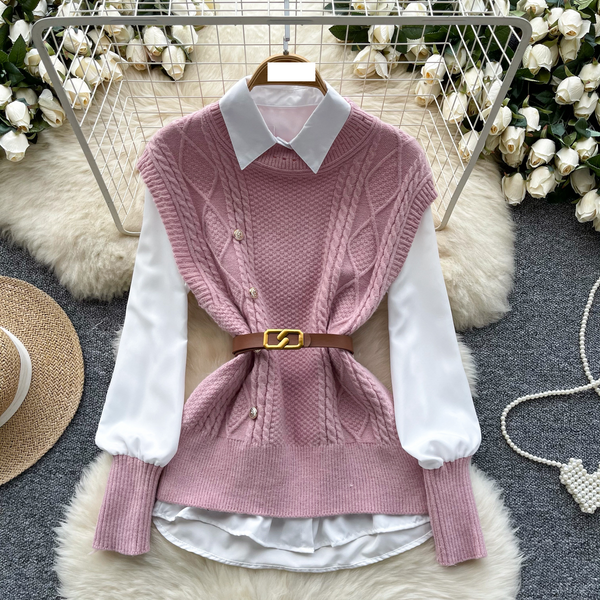 Women's Clothing Vest Women's Autumn Two Piece Suit Fashionable And Versatile Sleeveless Twisted Knitted Vest With Long Sleeved Shirt Inside-image