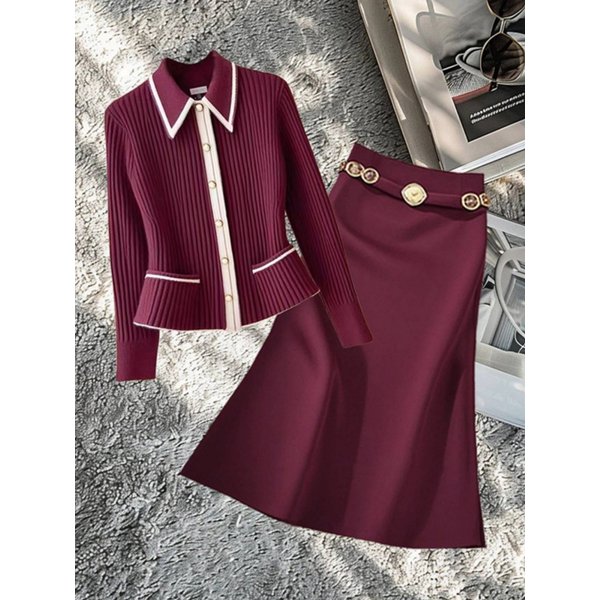 Light luxury and unique v-neck knitted sweater women's new super good-looking top and skirt two-piece set