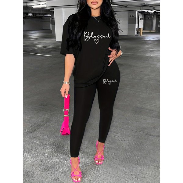 Women's Casual Loose And Fashionable Letter Pattern Print Loose T-shirt+shorts Two-piece Set Home Sportswear Daily Wear-452