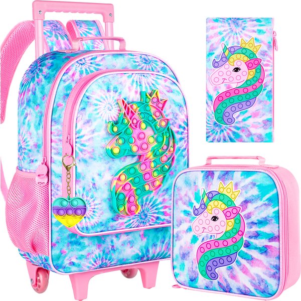 4PCS Rolling Backpack Girls,Kids Unicorn Backpacks Roller Wheels, Wheeled Bookbag With Lunch Box For Toddler Elementary-image