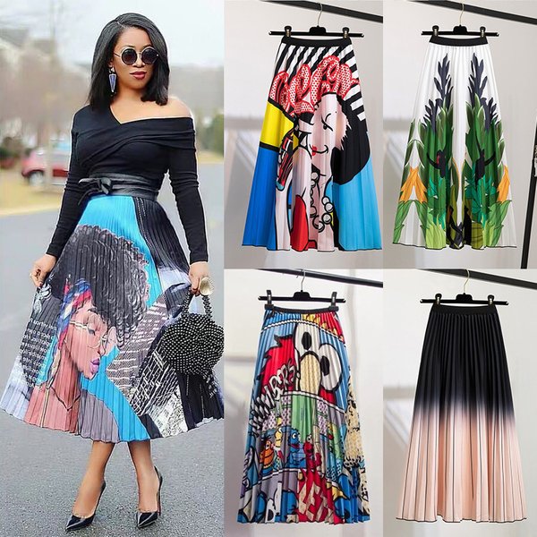 Women's animal print elastic pleated skirt women's long A-line skirt