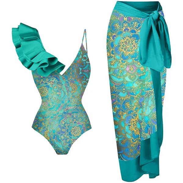 Women's New One-Piece Swimsuit For Women With Ruffled Ethnic Style Printed One-Piece Swimsuit And Wrap Skirt Suit-image