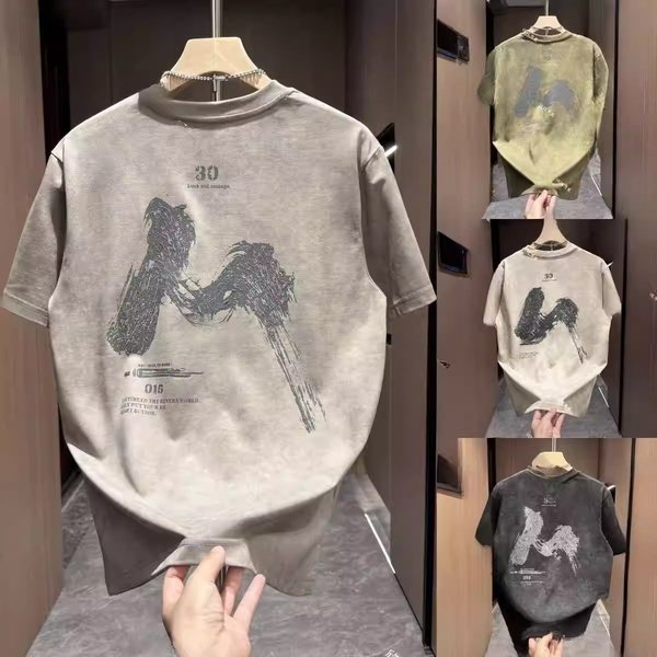 Men's Summer New Style Washed Print Letter Short Sleeve T-Shirt Trendy Casual Loose Fit Pure Cotton Top