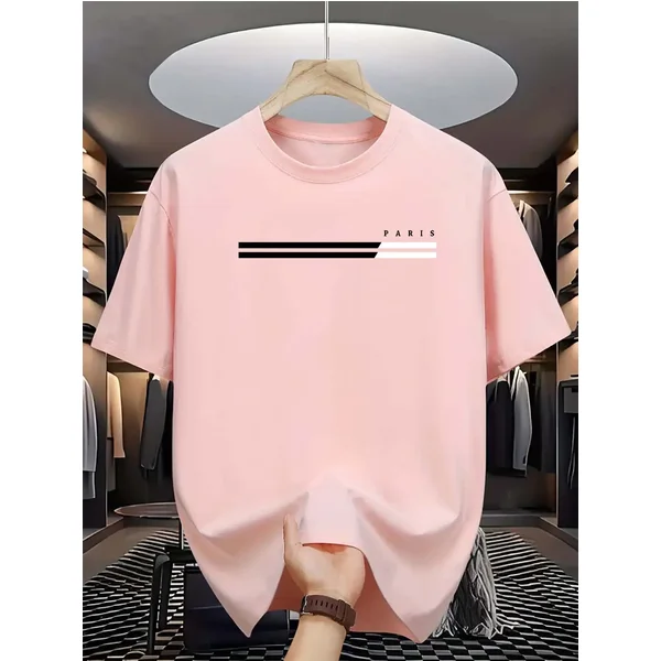 100% Algodão Masculino Verão Tamanho Solto Paris Carta Gráfico Impresso Fino Ajuste Casual Esportes Em Torno Do Pescoço Manga Cu