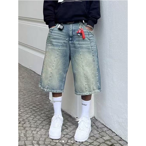Men's Clothing Retro Washed High Street Denim Shorts For Men And Women Straight Wide Leg Distressed Loose Casual Versatile Cropped Pants