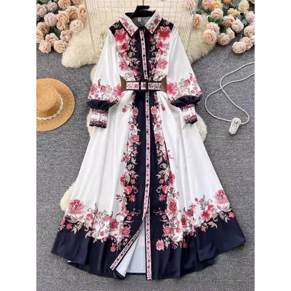 Women's Clothing Color Matching Print Slim Long Puff Sleeve Temperament Dress Spring Dress-image