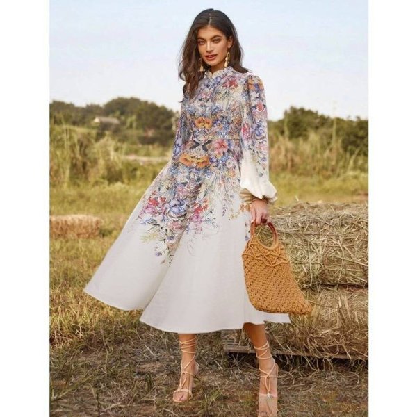 Women's Clothing A Large Number Of Design Early Autumn New Single Breasted Exquisite Buttons With Belt Printed Pastoral Dress-image