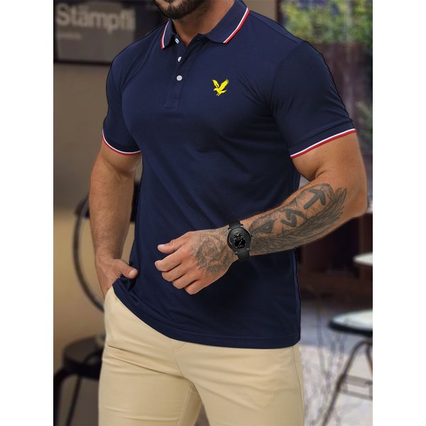 Men's Summer Leisure Vacation Eagle Pattern Print Slim Fit Stand Up Collar Short Sleeved Polo Shirt Breathable And Comfortable Top
