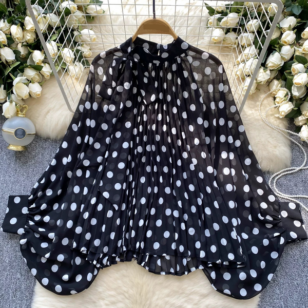 Women's Clothing Top Blouse New Fashion Bow Tie Lantern Sleeve Polka Dot Shirt-image