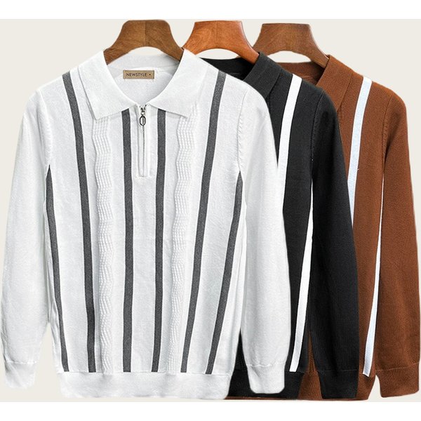 Men's Plus Size Business Casual Polo Knit Sweater - Fit Striped Jacquard Pullover With Breathable Stretch Fabric