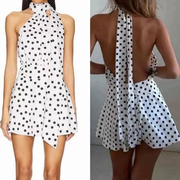 Women's Summer Pure Desire Sleeveless Knot Neck Backless High Waist A-Line Slimming Polka Dot Print Versatile Dress-image