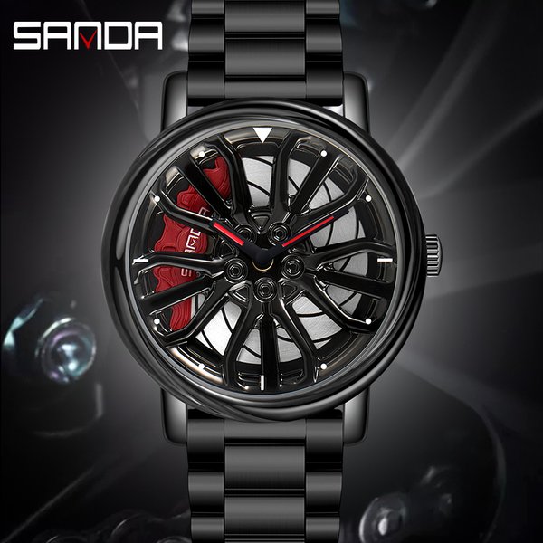 Sanda Men Fashion Hot Sell Car Rim Watch 360 Degree Rotating Wheel Rim Dial Stainless Steel Waterproof Sport Quartz Men Watches-image