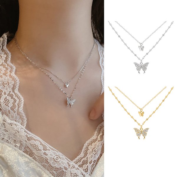 Qianbihe Butterfly Necklace Double Layer Rust-Proof Alloy Butterfly Pendant Personality Fashion Clavicle Chain For Women-Silver-image