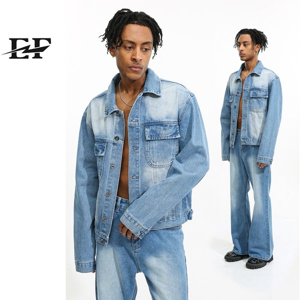 Men's Clothing EF JEANS | New Style Casual Loose Mid High Waist Flared Denim Jacket Jacket Set Blue