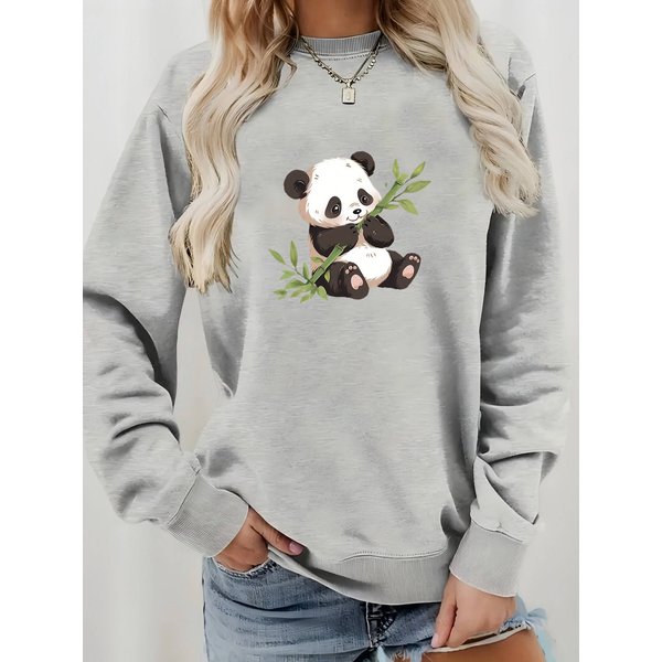 Cute Animal Print Cotton Sweatshirt For Girls - Soft Round Neck Pullover With Cartoon Panda Graphic, Oversized Streetwear Spring Fashion Top
