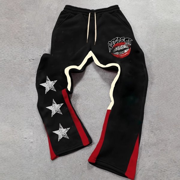 New Cross Border Trend Brand European And American Fashion Five Pointed Star Red Lips Casual Fashion Slightly Elastic Fabric Flared Pants All Match-image