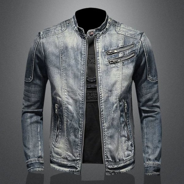 Men's New Denim Casual Stand Up Collar Zipper Jacket, Riding Motorcycle-image