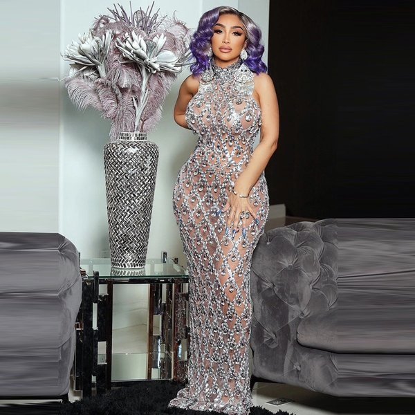 Women's lace sexy long skirt with tail banquet evening dressSparkling Rhinestone Dress Plus Size Women's Evening Dress Long Skirt Sleeveless Sexy