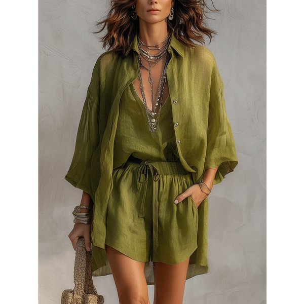 Women's Summer 3-Piece Set Lapel Button Front Cardigan Deep V Vest Shorts Casual Outfit-image