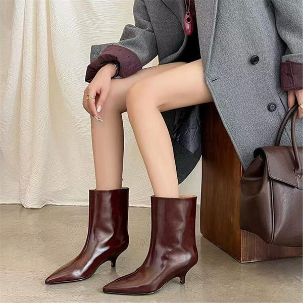 Women's Kitten Heel Pointed Toe Boots - Wine Red Wide-Calf Riding Boots | Soft Synthetic Leather | Fall/Winter Elegant Tall & Ankle Boots