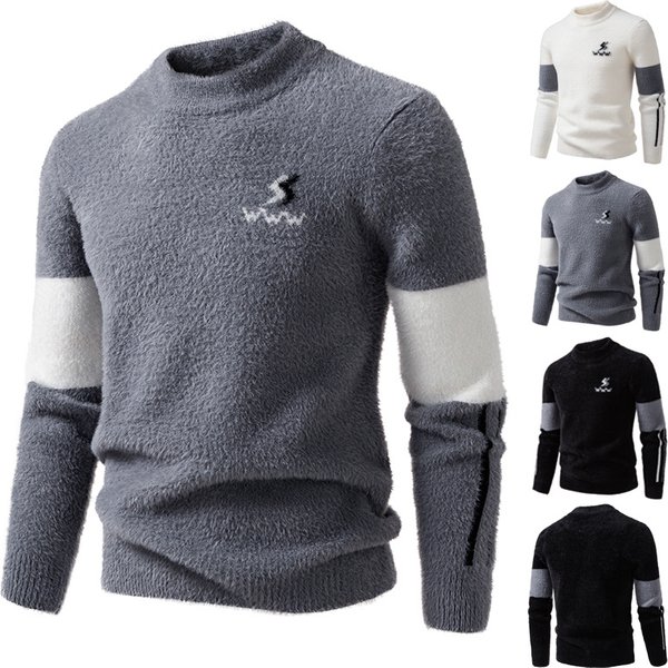 Men's Fashion Knit Sweater, Oversized Crewneck Long Sleeve Pullover, Modal-Spandex Blend, Thickened Casual Thermal Top (White/Gray/Black)