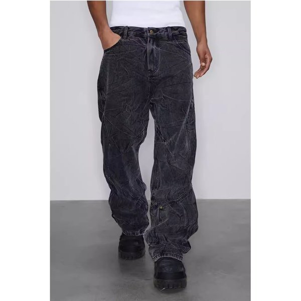 Men's Clothing Cleanfit Retro Snowflake Washed Jeans For Men Heavy Duty Distressed Ripple Pleated Vibe Straight Pants-image