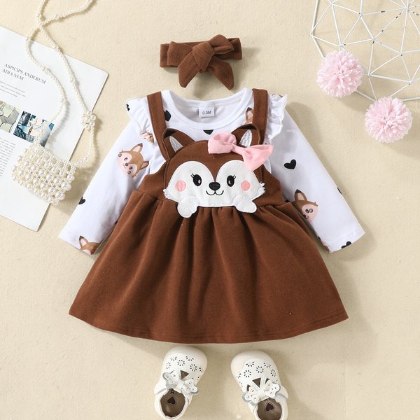 Babies' Clothes Autumn And Winter Infants And Young Children Cartoon Fox Love Print Long-Sleeved Romper Bow Strap Dress Suit-image