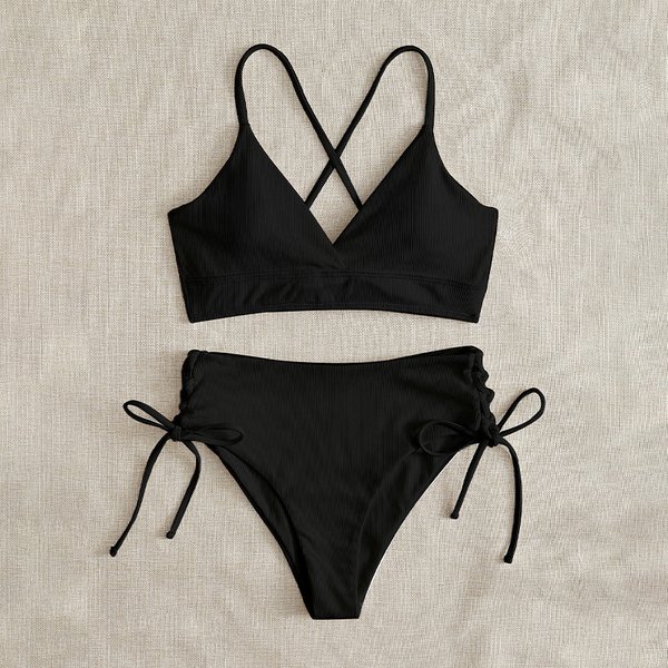 Women's Clothing Sexy Swimsuit Solid Color V Neck Bikini High Waist Strap Split Multi Color Swimsuit