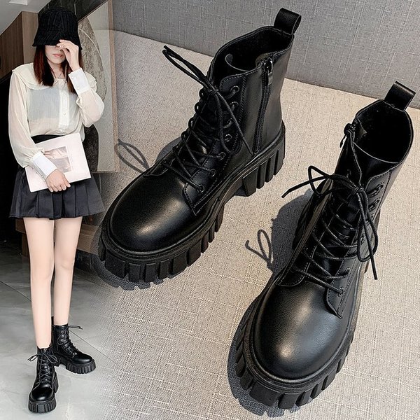 Women's Thick-Soled Lace-Up Martin Boots 2022 Autumn And Winter New Korean Style Leather Women's Boots Comfortable Soft-Soled Women's Mid-Calf Boots F-image