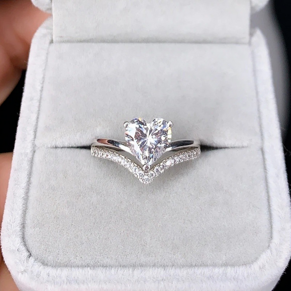 Delicate Silver Color White Zircon Stones Heart Rings For Women Fashion Bridal Engagement Wedding Ring Set Jewelry Gift-image