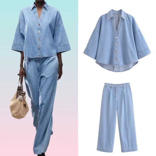 2025 New Summer Women's Outfit Set Two-Piece Wide Sleeve Denim Shirt And Long Pants