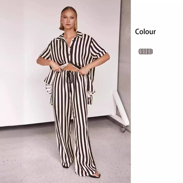 Women's Clothing Fashion Casual Polo Collar Striped Colorblock Short Sleeve Suit