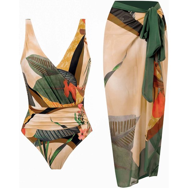 One Piece Conservative Cover Belly Open Back Sexy Large Size 2023 New Swimsuit Women's Chiffon Beach Skirt-image