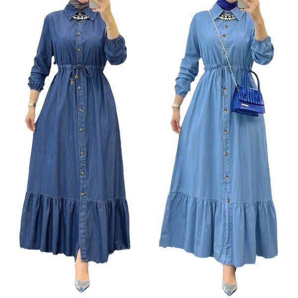 Women's Clothing new Muslim ladies solid color cardigan fashionable and elegant denim dress