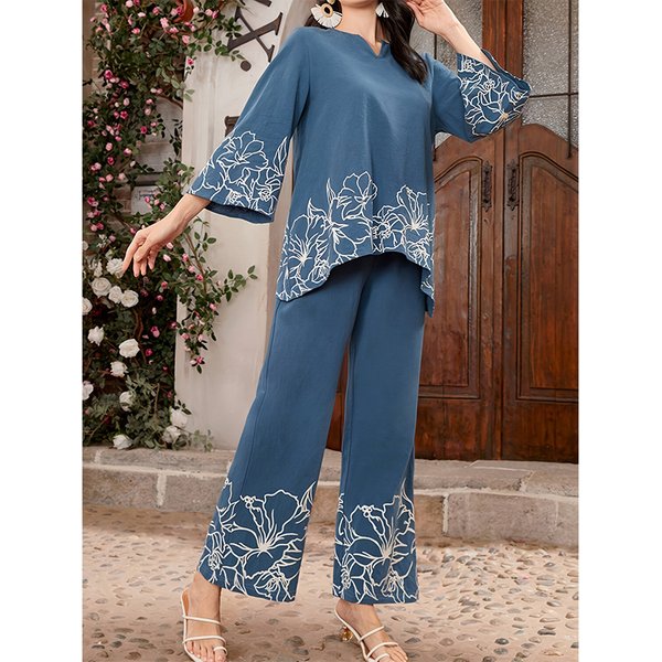 Women's Clothing Casual Suits For 50 Year Old Middle Aged Women Spring And Autumn Knitted Short Sleeved Wide Leg Pants Two Piece Suit-image