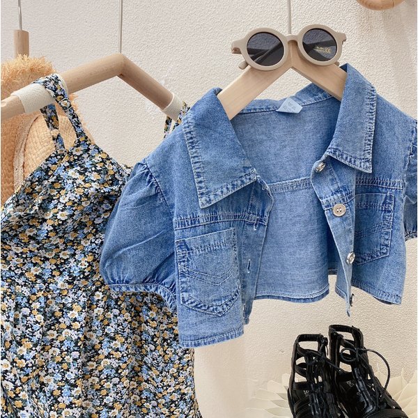 Kids Clothing Girls Fashion Denim Tops Coat Floral Suspender Dress Two Piece Set-image