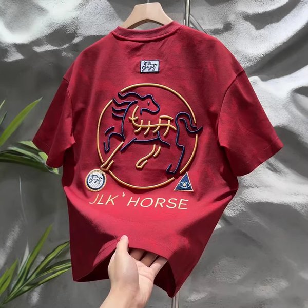 Men's Casual Round Neck T-Shirt Short Sleeve Embroidered Horse Theme Tie Dye Heavy Duty New Design Trendy Base Layer Top-image