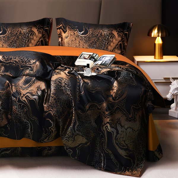 Luxury Retro Jacquard Silky Three Piece Bedding Set Quilt Cover Duvet Cover Bed Set-image