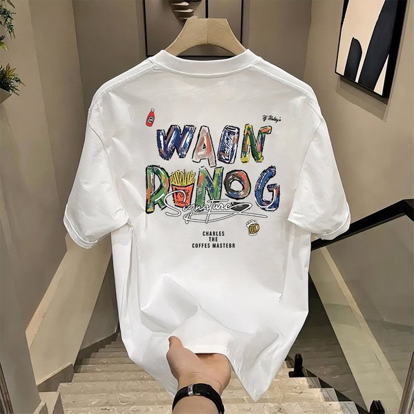Men's 100% Cotton Short Sleeve T-Shirt Versatile Loose Fit High Street Style American Trend Summer Top-image