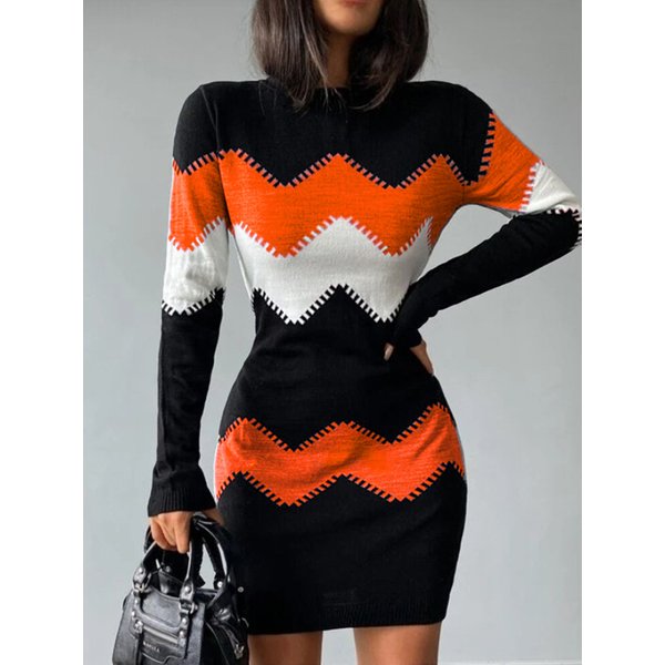 Women's Mid-Length Short Skirt Round Neck Long Sleeve Knitted Hip Bottoming Dress For Women-image