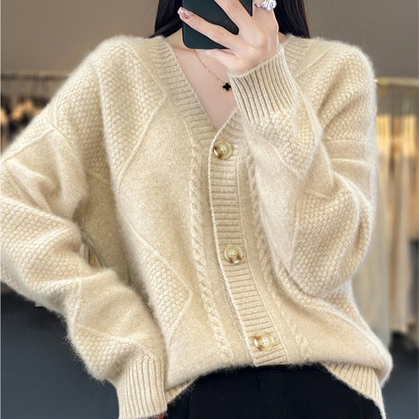 Women's Clothing V Neck Soft Waxy Cardigan Women's Long Sleeved Diamond Shaped Loose Lazy Knitted Sweater Jacket Outerwear Top-image