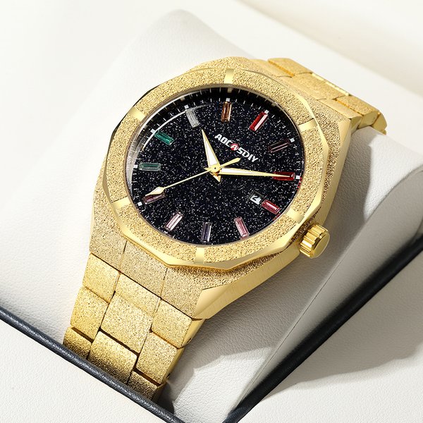 Men's Luxury Diamond Quartz Watch With Stainless Steel Band, Waterproof, Date Display & Luminous Hands, Fashionable Dress Watch For Men