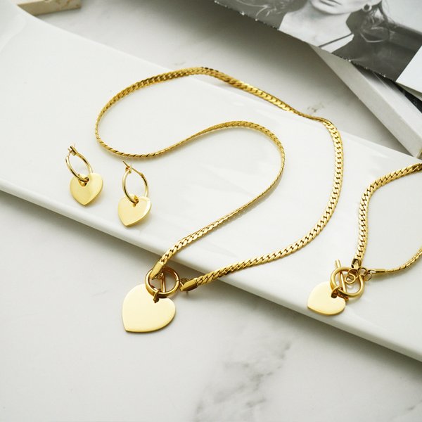 Heart Shaped K Real Gold Set Of Three Pieces The Beautiful Necklace Snake Bone Chain Bracelet Necklace Earrings-image