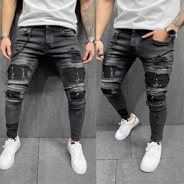 New Men's Skinny Ripped Jeans Fashion Grid Beggar Patches Slim Fit Stretch Casual Denim Pencil Pants Painting Jogging Trousers