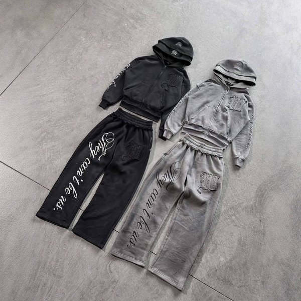Streetwear Set – Distressed Zip-Up Hoodie & Stretchy Low-Rise Pants, Harajuku Fashion Outfit