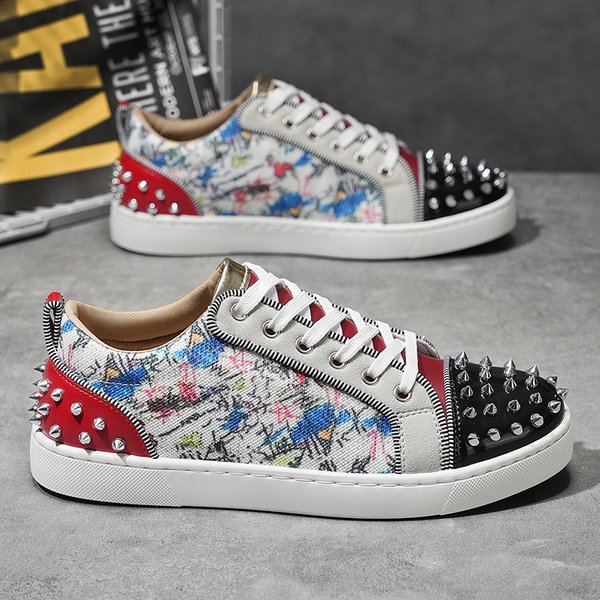 Men's Trendy Red Sole Sneakers Graffiti Print Studded Street Style Casual Shoes for Hairdressers Stylish Young Men